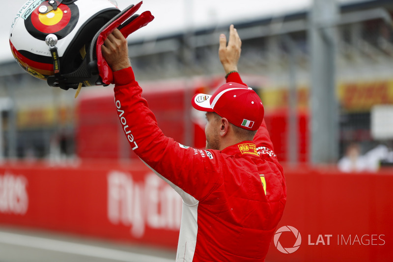 Sebastian Vettel, Ferrari, celebrates his pole position