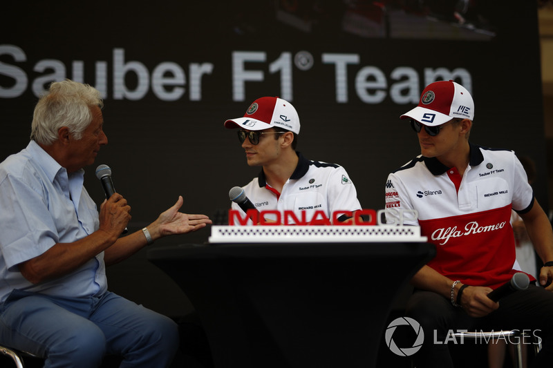 Charles Leclerc, Sauber and Marcus Ericsson, Sauber talks with Bob Constanduros, on stage