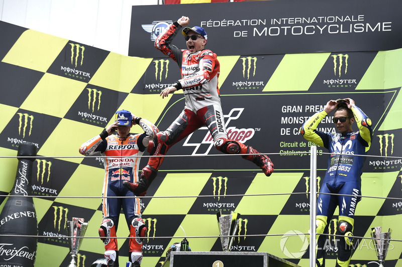 Podium: second place Marc Marquez, Repsol Honda Team, Race winner Jorge Lorenzo, Ducati Team, third place Valentino Rossi, Yamaha Factory Racing