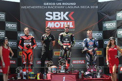 Podium: winner Jonathan Rea, Kawasaki Racing, second place Chaz Davies, Aruba.it Racing-Ducati SBK Team, third place Michael van der Mark, Pata Yamaha