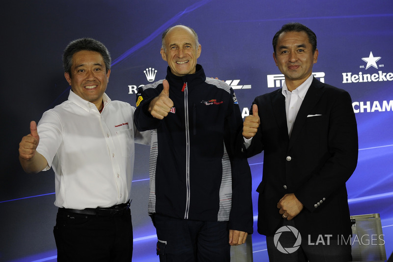 Masashi Yamamoto, Honda, Katsuhide Moriyama, Honda and Franz Tost, Scuderia Toro Rosso Team Principal in the Press Conference