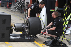 Mercedes AMG F1 mechanics and Pirelli tyre