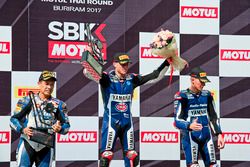 Podium: race winner Federico Caricasulo, GRT Yamaha Official WorldSSP Team, second place Decha Kraisart, Yamaha Thailand Racing Team, third place Niki Tuuli, Kallio Racing