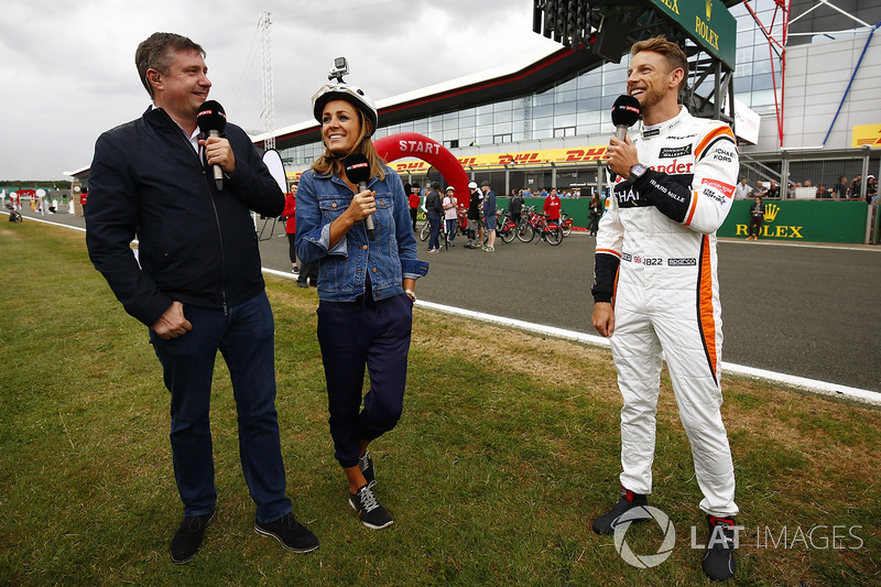 L-R: Sky pundit David Croft, Natalie Pinkham and Jenson Button, McLaren