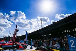 Felix Rosenqvist, Mahindra Racing, celebrates in Parc Ferme after winning the race