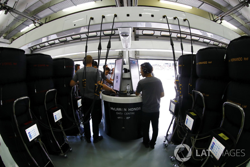 Engineers at work in the McLaren garage
