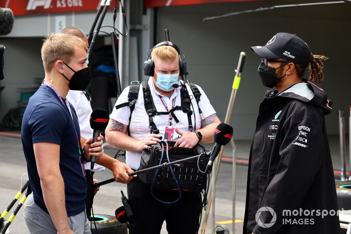 Billy Monger, TV presenter, interviews Lewis Hamilton, Mercedes W12