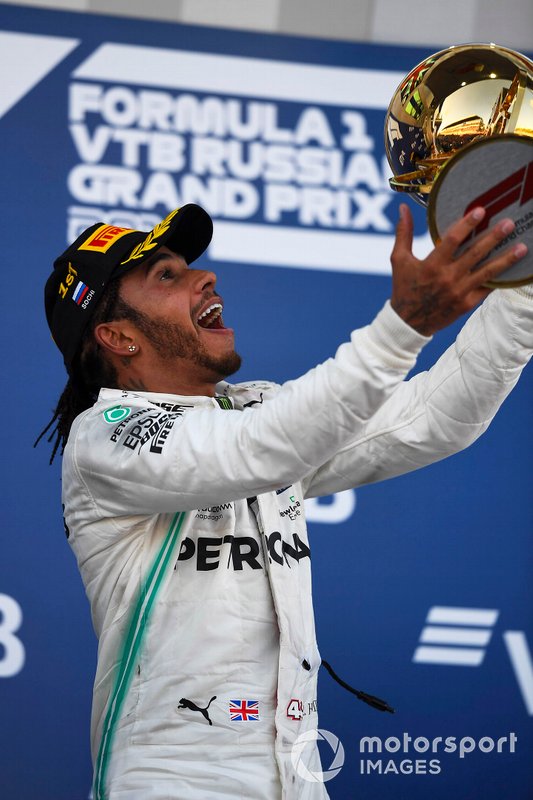 Lewis Hamilton, Mercedes AMG F1, 1st position, celebrates with his trophy