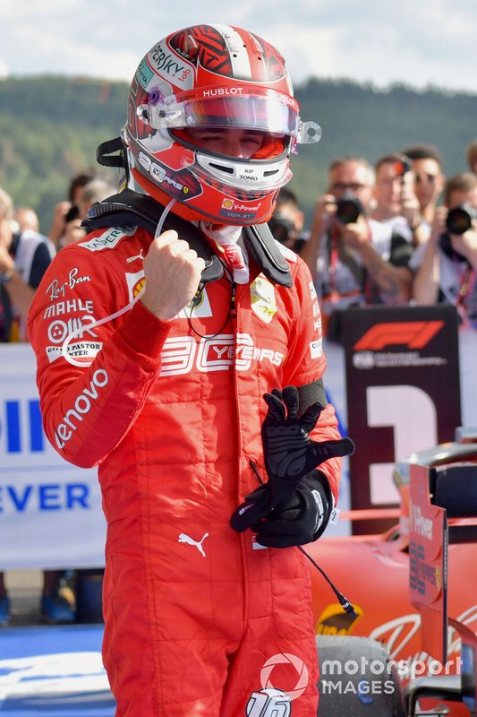 Charles Leclerc, Ferrari, 1st position, celebrates in Parc Ferme
