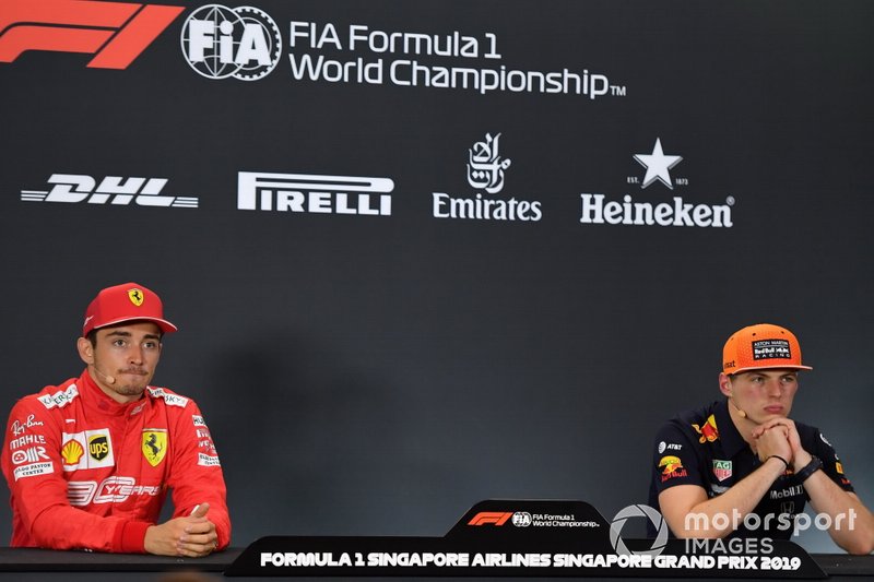 Charles Leclerc, Ferrari, 2nd position, and Max Verstappen, Red Bull Racing, 3rd position, in the Press Conference