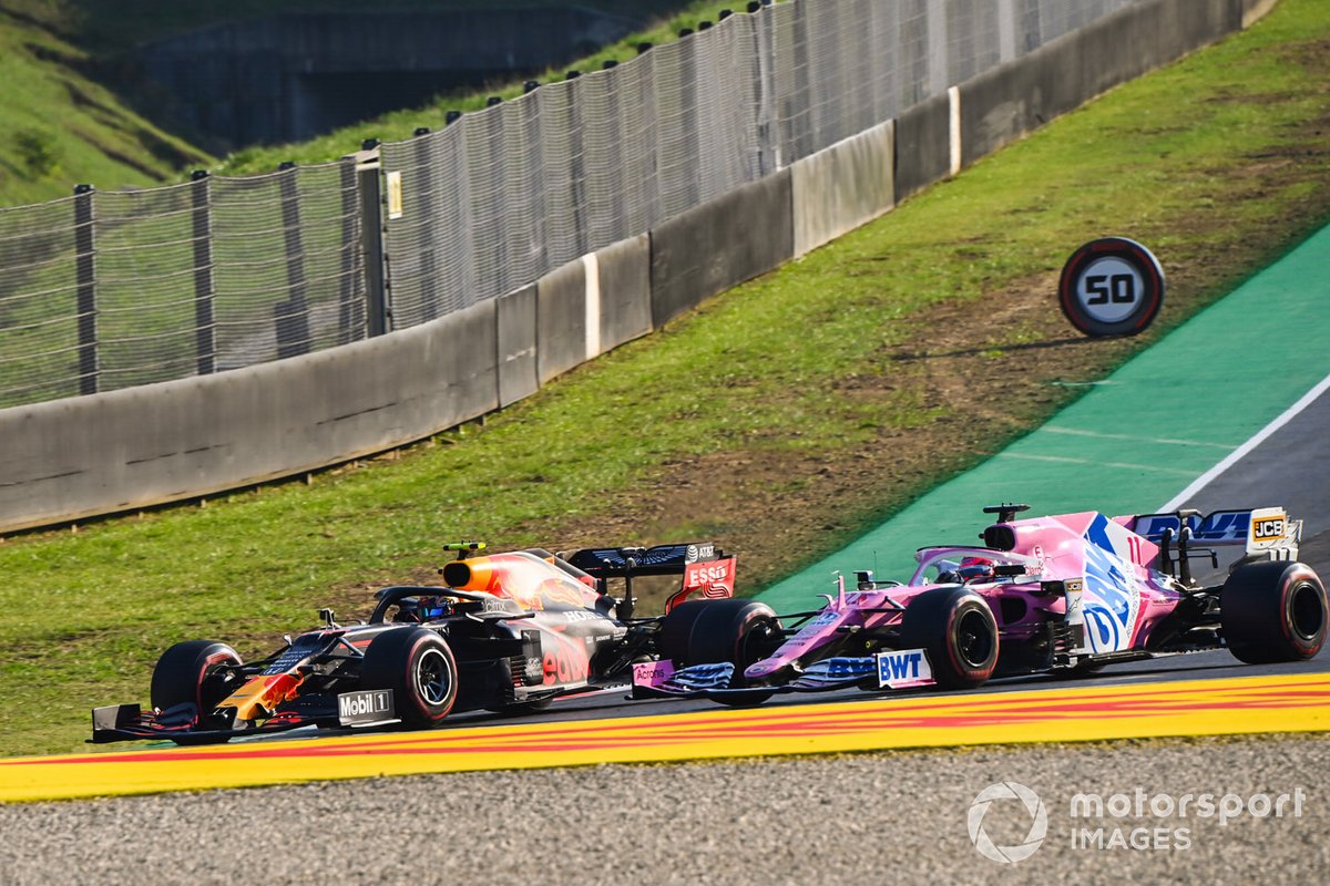 Alex Albon, Red Bull Racing RB16, battles with Sergio Perez, Racing Point RP20
