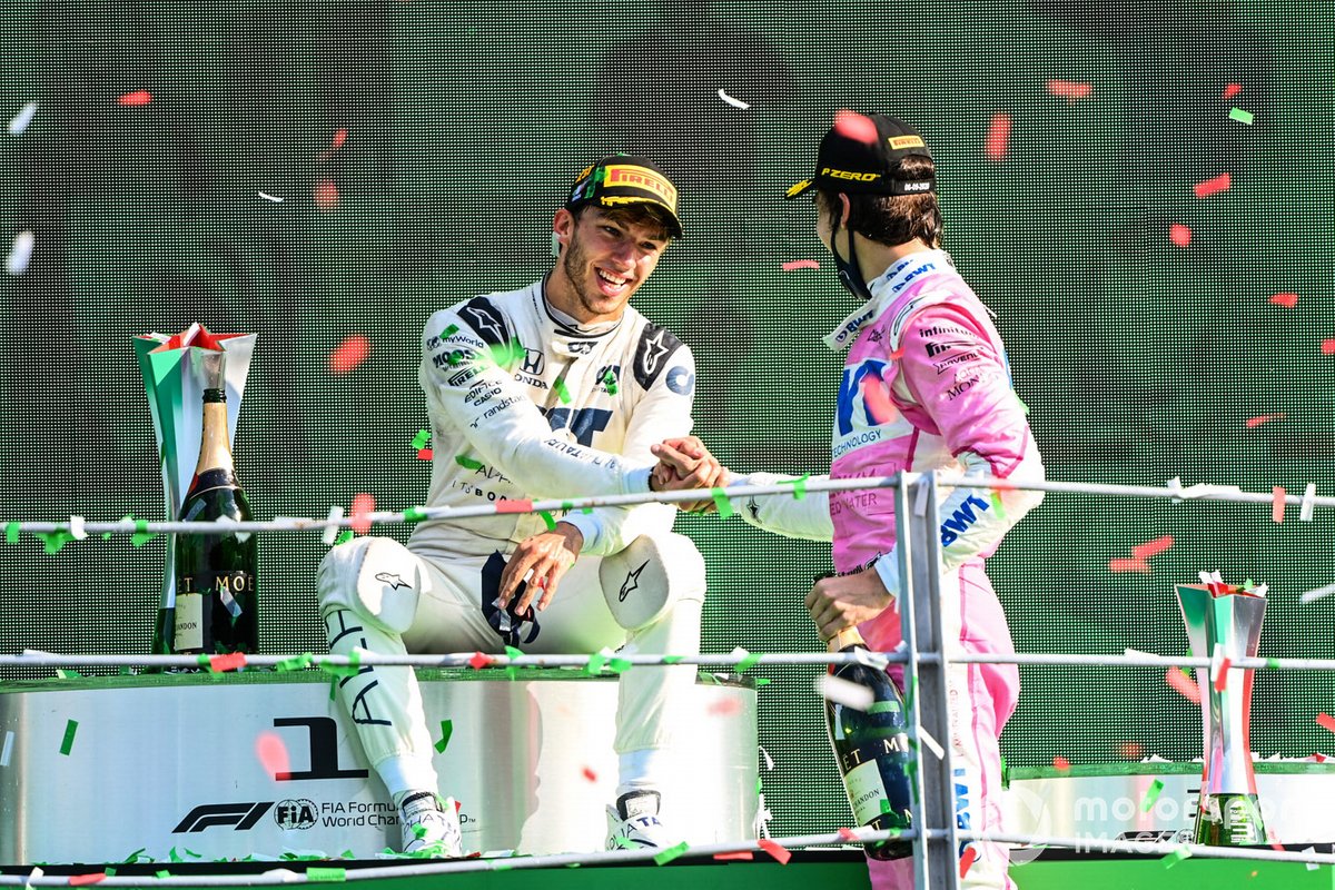 Podio: segundo lugar Carlos Sainz Jr., McLaren y tercer lugar Lance Stroll, Racing Point