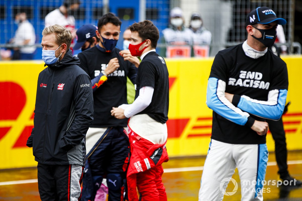 Kevin Magnussen, Haas F1, Alex Albon, Red Bull Racing, Charles Leclerc, Ferrari, and Nicholas Latifi, Williams FW43, on the grid