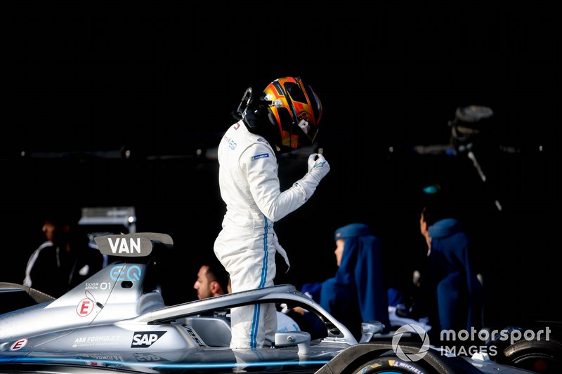 Stoffel Vandoorne, Mercedes Benz EQ climbs out of his car on the podium