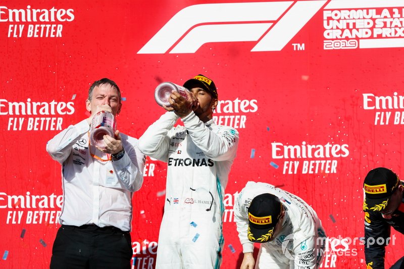 World Champion Lewis Hamilton, Mercedes AMG F1, race winner Valtteri Bottas, Mercedes AMG F1, and James Allison, Technical Director, Mercedes AMG celebrate on the podium with Max Verstappen, Red Bull Racing 