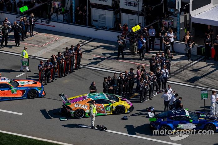 #74 Riley Motorsports Mercedes-AMG GT3: Lawson Aschenbach, Ben Keating, Gar Robinson, Felipe Fraga, #19 GEAR Racing powered by GRT Grasser Lamborghini Huracan GT3: Christina Nielsen, Katherine Legge, Tatjana Calderon, Rahel Frey,  #23 Heart Of Racing Team Aston Martin Vantage GT3: Roman De Angelis, Ian James, Alex Riberas, Nicki Thiim