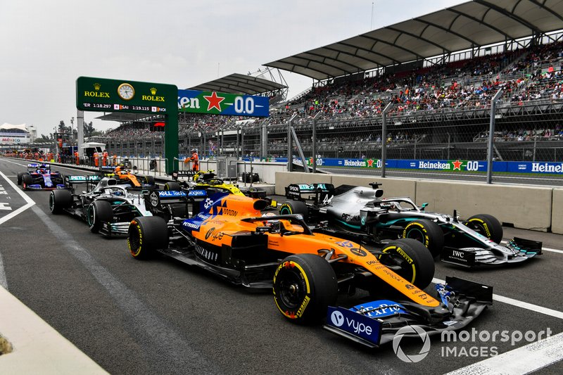 Carlos Sainz Jr., McLaren MCL34, Lewis Hamilton, Mercedes AMG F1 W10, Valtteri Bottas, Mercedes AMG W10, Nico Hulkenberg, Renault F1 Team R.S. 19, Daniil Kvyat, Toro Rosso STR14, Lando Norris, McLaren MCL34