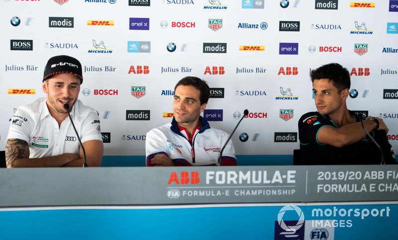 Daniel Abt, Audi Sport ABT Schaeffler, Jérôme d'Ambrosio, Mahindra Racing, Mitch Evans, Jaguar Racing durante la conferenza stampa