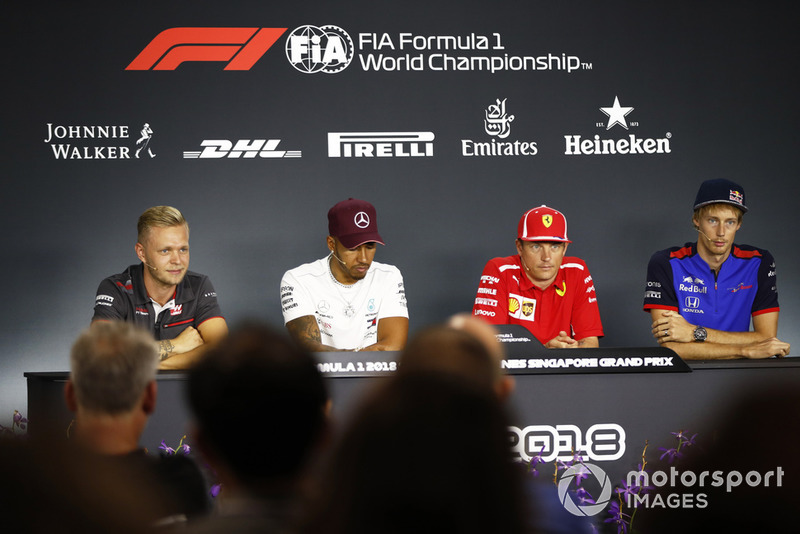 Kevin Magnussen, Haas F1 Team,Lewis Hamilton, Mercedes AMG F1, Kimi Raikkonen, Ferrari, Brendon Hartley, Scuderia Toro Rosso, en conférence de presse
