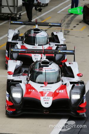 #7 Toyota Gazoo Racing Toyota TS050: Mike Conway, Kamui Kobayashi, Jose Maria Lopez, #8 Toyota Gazoo Racing Toyota TS050: Sebastien Buemi, Kazuki Nakajima, Fernando Alonso, in the pitlane