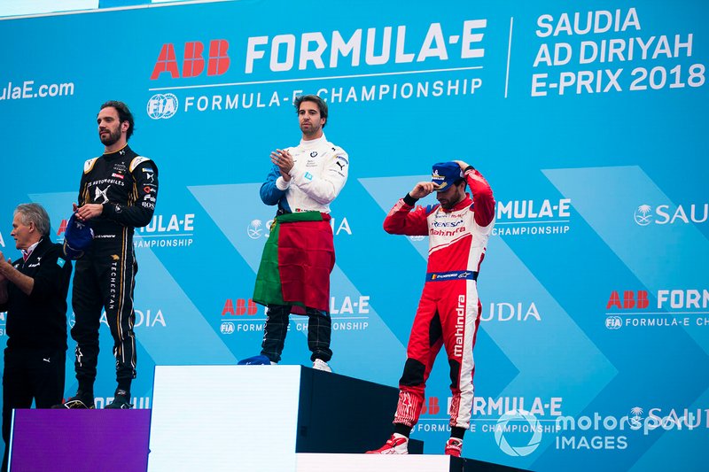 Winner Antonio Felix da Costa, BMW I Andretti Motorsports with second position Jean-Eric Vergne, DS TECHEETAH, third position Jérôme d'Ambrosio, Mahindra Racing on the podium