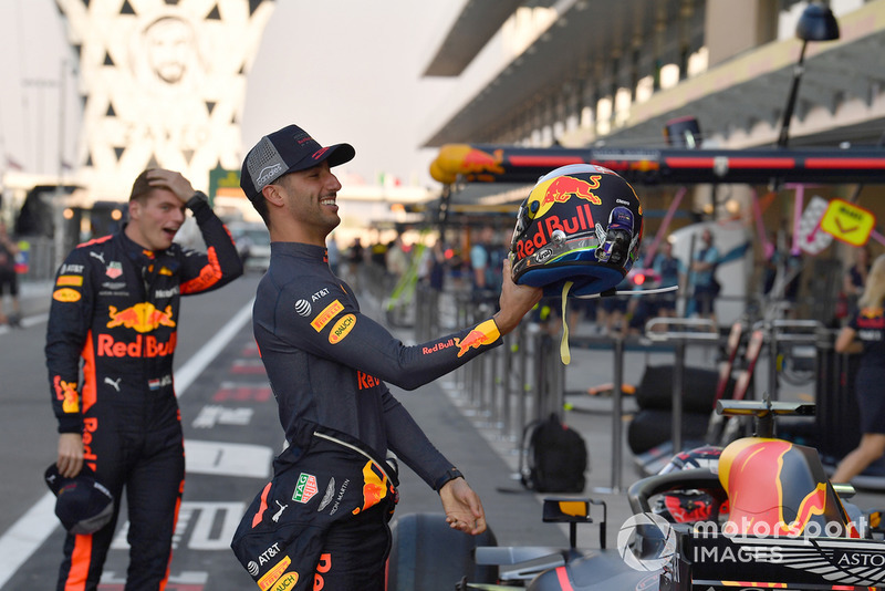 Daniel Ricciardo, Red Bull Racing with helmet and Max Verstappen, Red Bull Racing