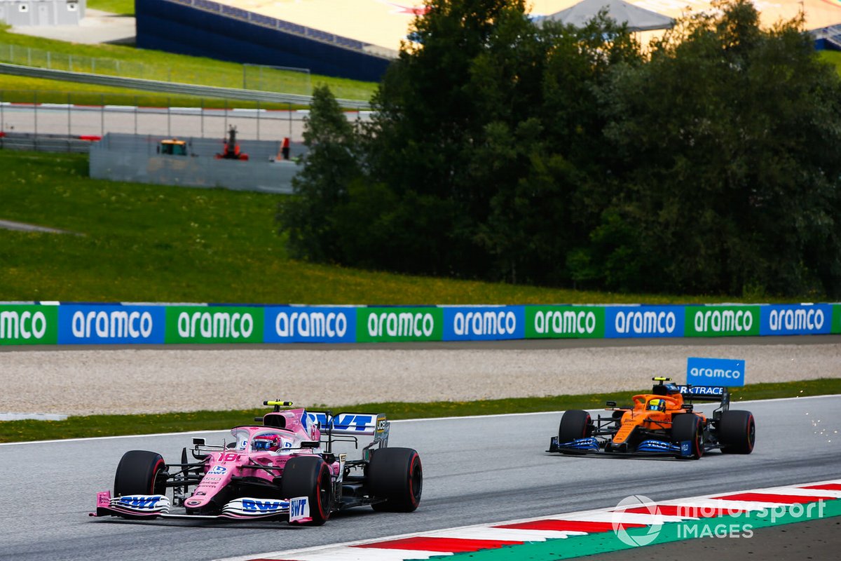 Lance Stroll, Racing Point RP20, precede Lando Norris, McLaren MCL35