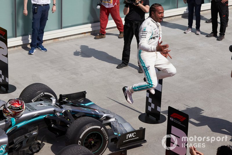 Lewis Hamilton, Mercedes AMG F1, 1st position, celebrates on arrival in Parc Ferme