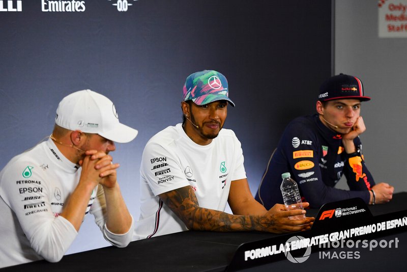 Valtteri Bottas, Mercedes AMG F1, 2nd position, Lewis Hamilton, Mercedes AMG F1, 1st position, and Max Verstappen, Red Bull Racing, 3rd position, in the Press Conference