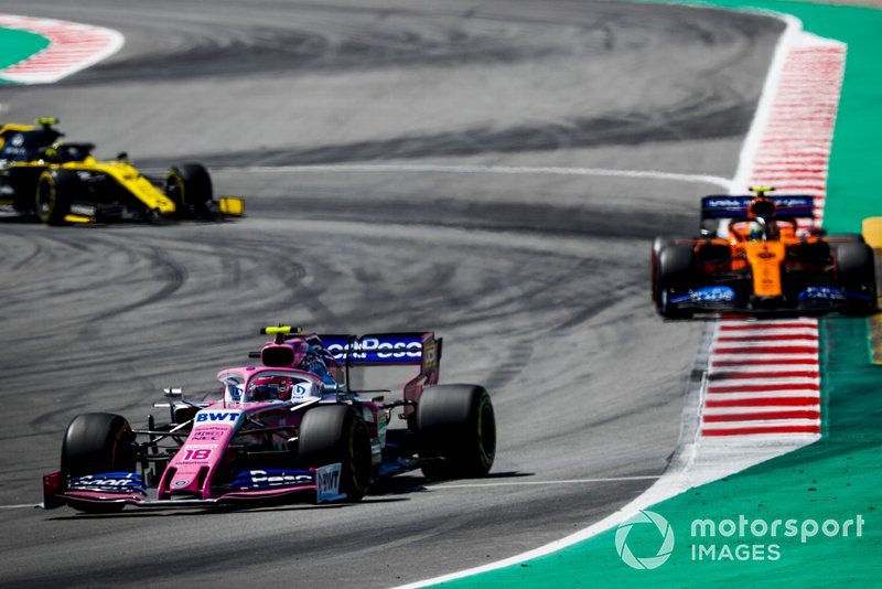 Lance Stroll, Racing Point RP19, leads Lando Norris, McLaren MCL34, and Nico Hulkenberg, Renault R.S. 19