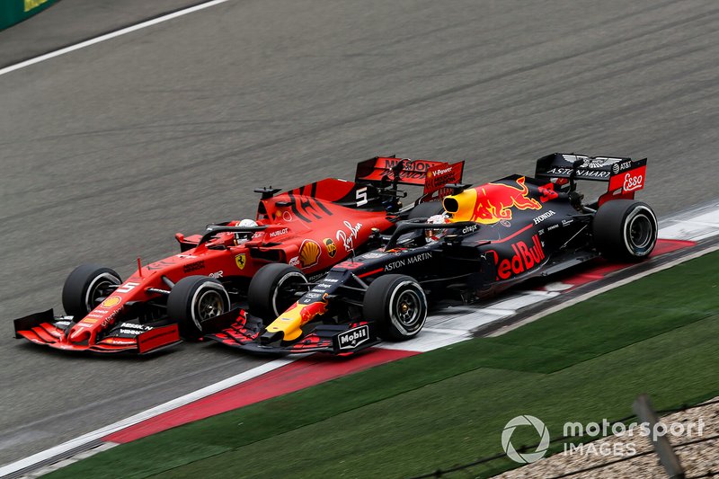 Sebastian Vettel, Ferrari SF90 and Max Verstappen, Red Bull Racing RB15 battle