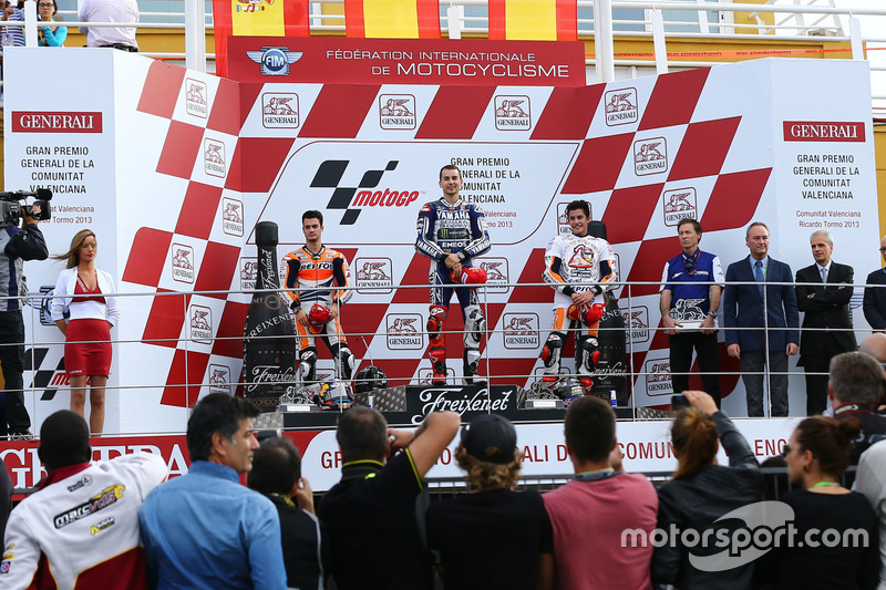 Podium: Race winner Jorge Lorenzo, Yamaha; second place Dani Pedrosa, Repsol Honda; third place Marc Marquez, Repsol Honda