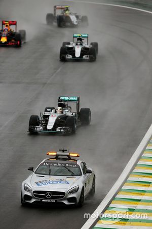 Lewis Hamilton, Mercedes AMG F1 W07 Hybrid leads behind the FIA Safety Car