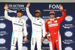 Qualifying top three in parc ferme (L to R): Nico Rosberg, Mercedes AMG F1, second; Lewis Hamilton, Mercedes AMG F1, pole position; Kimi Raikkonen, Ferrari, third