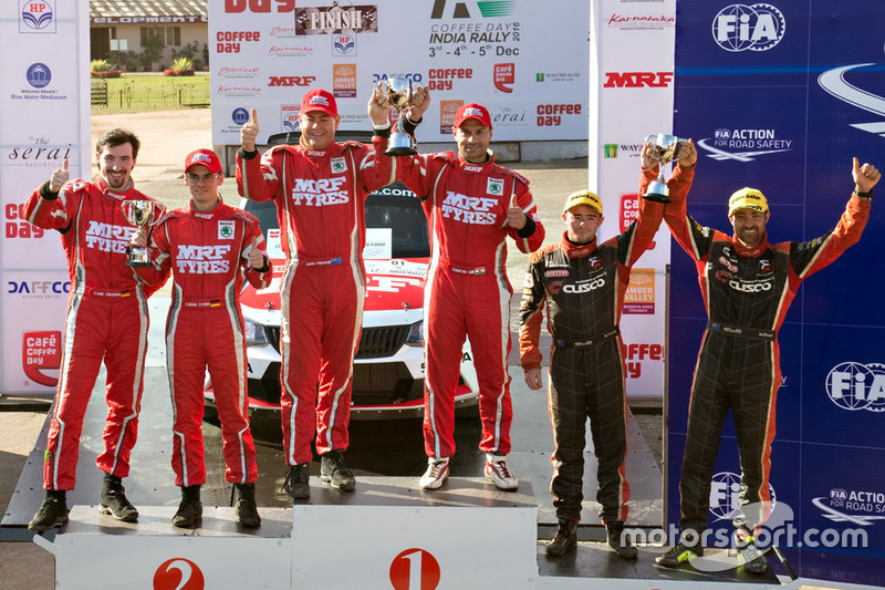 Podium 2016 champion: winners Gaurav Gill, Glenn MacNeall, Team MRF, second place Fabian Kreim, Fran