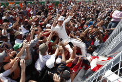 Lance Stroll, Williams, celebrates, fans after scoring his first points in F1, at his home race