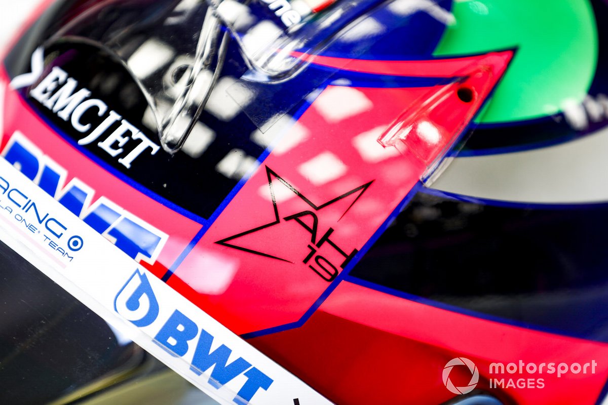 A tribute to Anthoine Hubert on the helmet of Sergio Perez, Racing Point