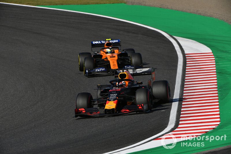 Max Verstappen, Red Bull Racing RB15, leads Lando Norris, McLaren MCL34