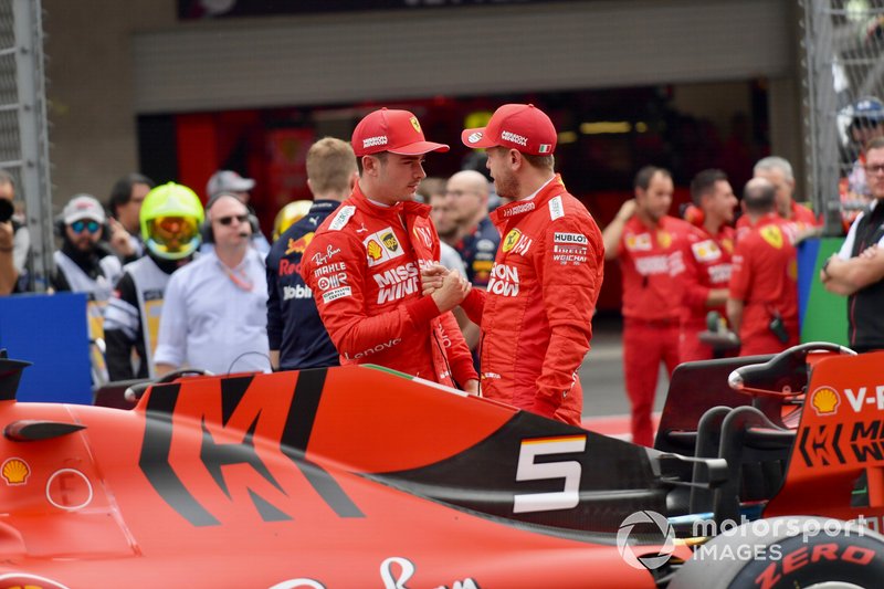 Charles Leclerc, Ferrari, and Sebastian Vettel, Ferrari, congratulate each other after Qualifying