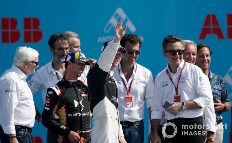 Race winner Maximilian Günther, BMW I Andretti Motorsports celebrates on the podium with Antonio Felix da Costa, DS Techeetah, the Formula E bosses