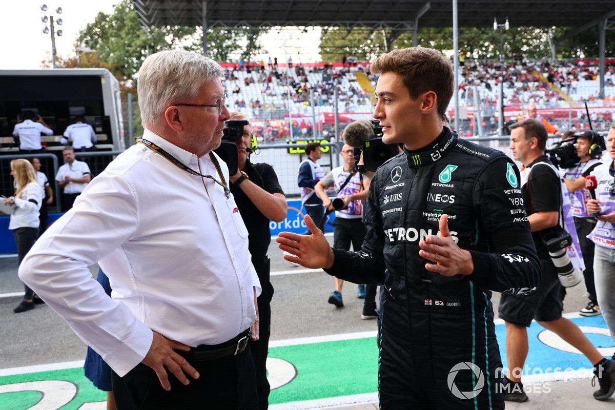 Ross Brawn, Managing Director of Motorsports, FOM, with George Russell, Mercedes AMG