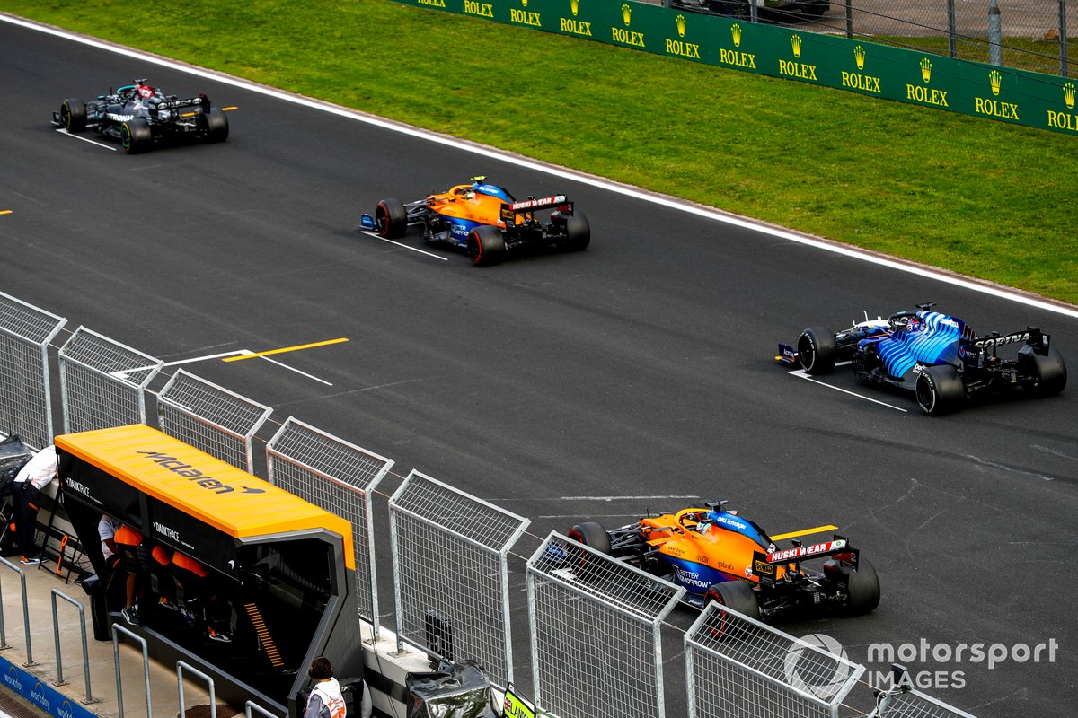 Lewis Hamilton, Mercedes W12, Lando Norris, McLaren MCL35M, George Russell, Williams FW43B, and Daniel Ricciardo, McLaren MCL35M, practice their start procedures at the end of FP2