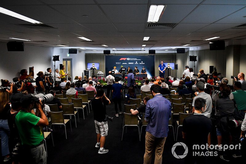 Lando Norris, McLaren, Daniel Ricciardo, Renault F1 Team, Lewis Hamilton, Mercedes AMG F1, Romain Grosjean, Haas F1 and Robert Kubica, Williams Racing in the Press Conference
