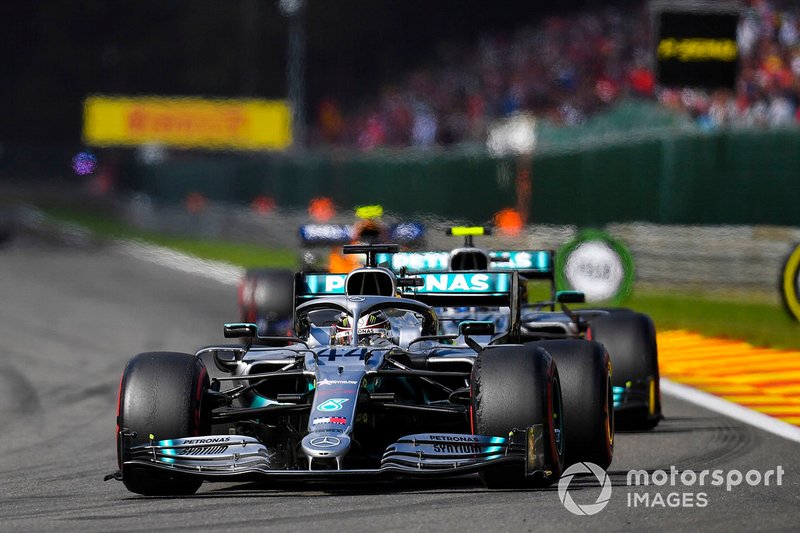 Lewis Hamilton, Mercedes AMG F1 W10, leads Valtteri Bottas, Mercedes AMG W10