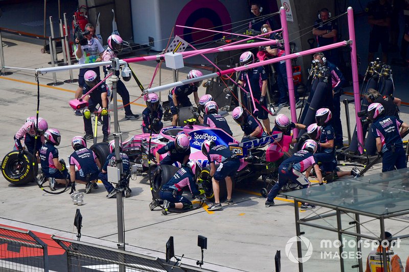 Lance Stroll, Racing Point RP19, in the pits during practice