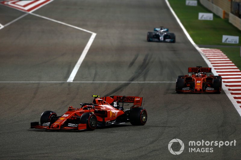 Charles Leclerc, Ferrari SF90, Sebastian Vettel, Ferrari SF90, and Lewis Hamilton, Mercedes AMG F1 W10
