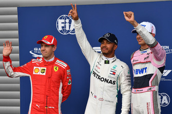 Sebastian Vettel, Ferrari, Lewis Hamilton, Mercedes AMG F1 ve Esteban Ocon, Racing Point Force India F1 Team, parc ferme
