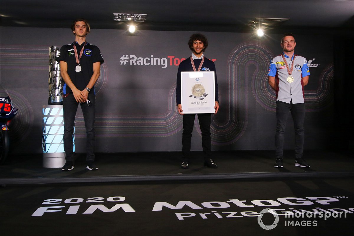 Il Campione del Mondo Enea Bastianini, Italtrans Racing Team, secondo posto Luca Marini, Sky Racing Team VR46, terzo posto Sam Lowes, Marc VDS Racing
