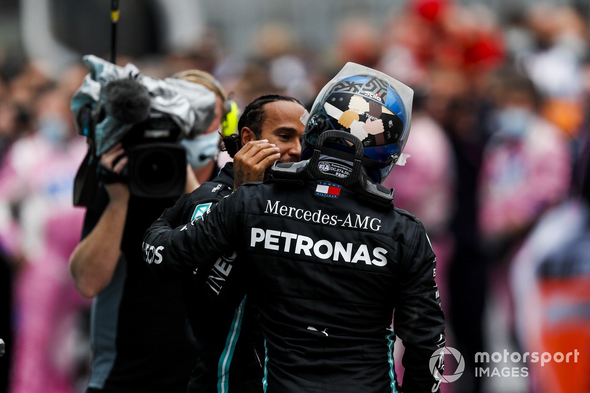 Lewis Hamilton, Mercedes-AMG F1, 1st position, is congratulated by Valtteri Bottas, Mercedes-AMG F1, in Parc Ferme
