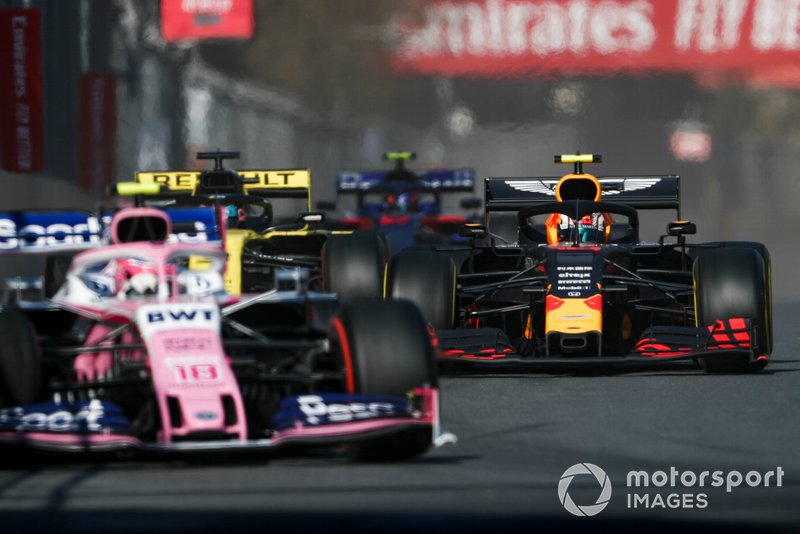 Lance Stroll, Racing Point RP19, Pierre Gasly, Red Bull Racing RB15 y Daniel Ricciardo, Renault R.S.19